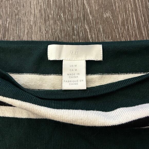 H&M Green Cream Black Striped Off-Shoulder Knit Top Long Sleeve Stretch Pullover - Picture 4 of 9